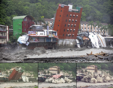 Buildings are fall down by flood in Taiwan