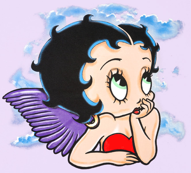 Green-eyed Betty Boop wearing a red dress with purple angel wings Source: a...