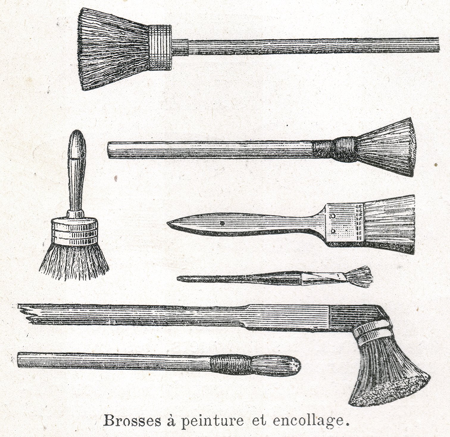 Vintage Ephemera French dictionary illustration, long handled brushes