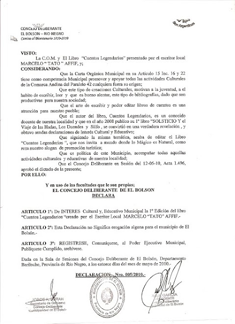 2da Declaración Municipal de El Bolsón. de INTERES Cultural ¨Cuentos Legendarios¨