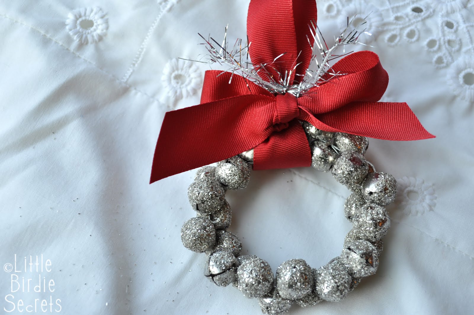 glass glitter jingle bell wreath tutorial Little Birdie Secrets