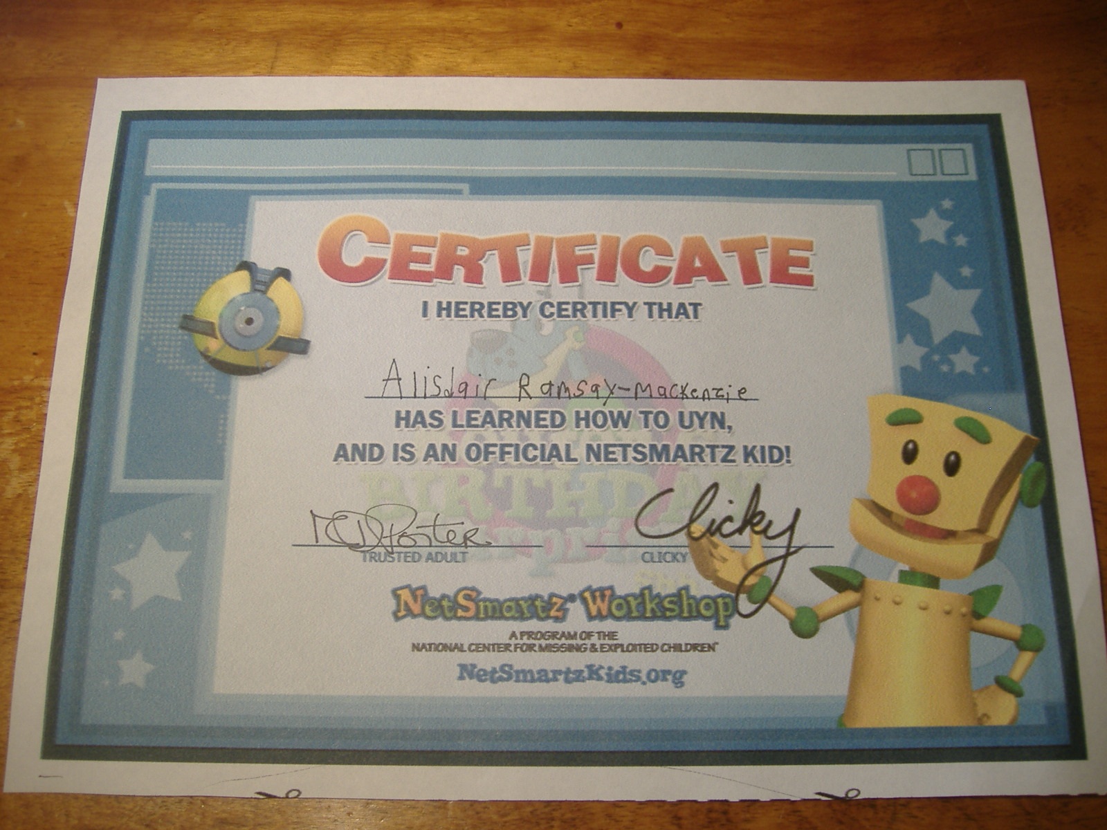 Porter's Primary Club UYN (Use Your NetSmartz) Certificate & Badge