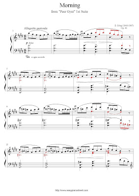 Partitura de piano gratis de Edvard Grieg: Peer Gynt, Morning, (Op.46, Suite No.1)
