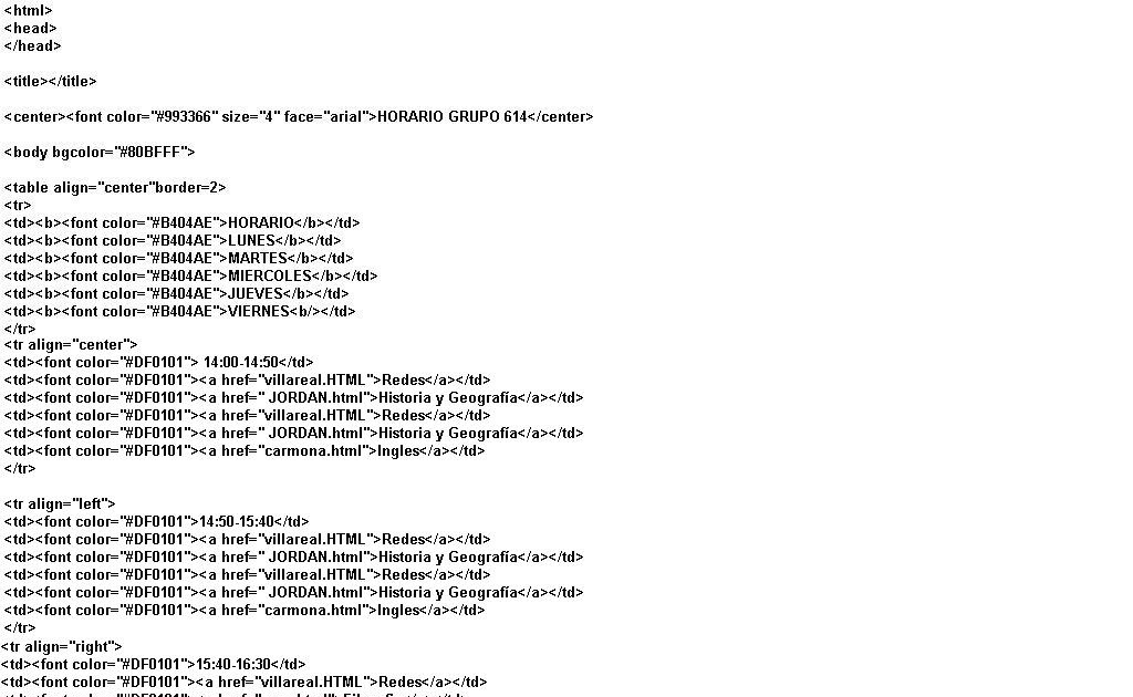 Programacion de Diseño de Paginas  TABLAS (HORARIO DE CLASES DEL GRUPO614)