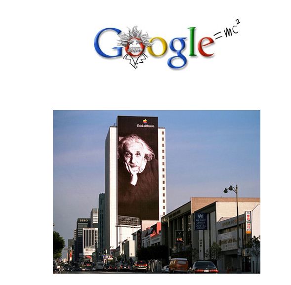 Google's Einstein logo -  Apple Einstein billboard