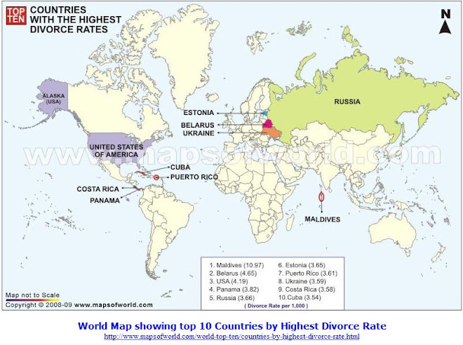 World Map showing top 10 Countries by Highest Divorce Rate