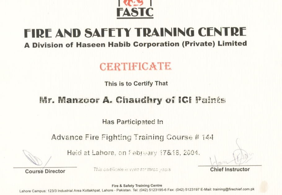 Manzoor Ahmad Chaudhry HSE Manager Advance Fire Fighting Course from