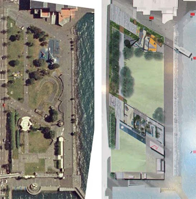 Current Frank Kitts Park layout compared to selected new design