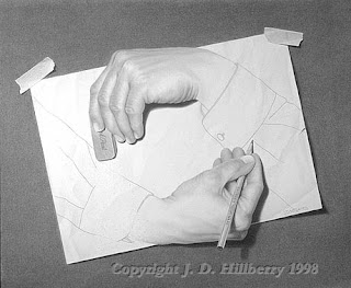 Escher’s Nightmare One hand doesn’t know what the other one is doing Pencil sketching artwork drawing of hand pencil rubber graphite charcoal Pencil on Chart paper