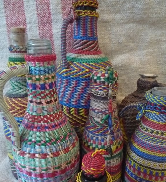 parna vintage linen and hemp Decorated brandy bottles