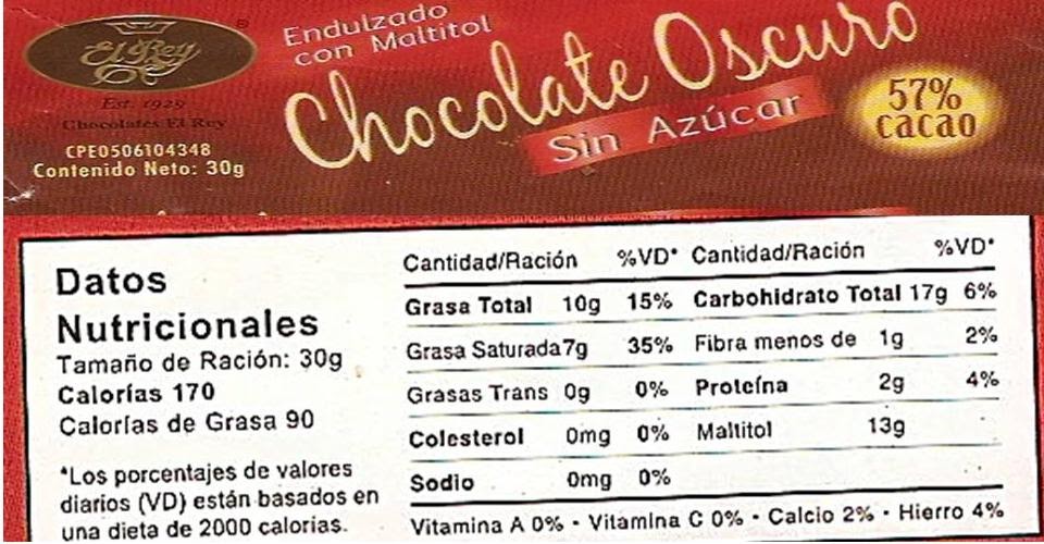 INFORMACIÓN NUTRICIONAL PH El Rey Chocolate Oscuro 54 sin Azúcar