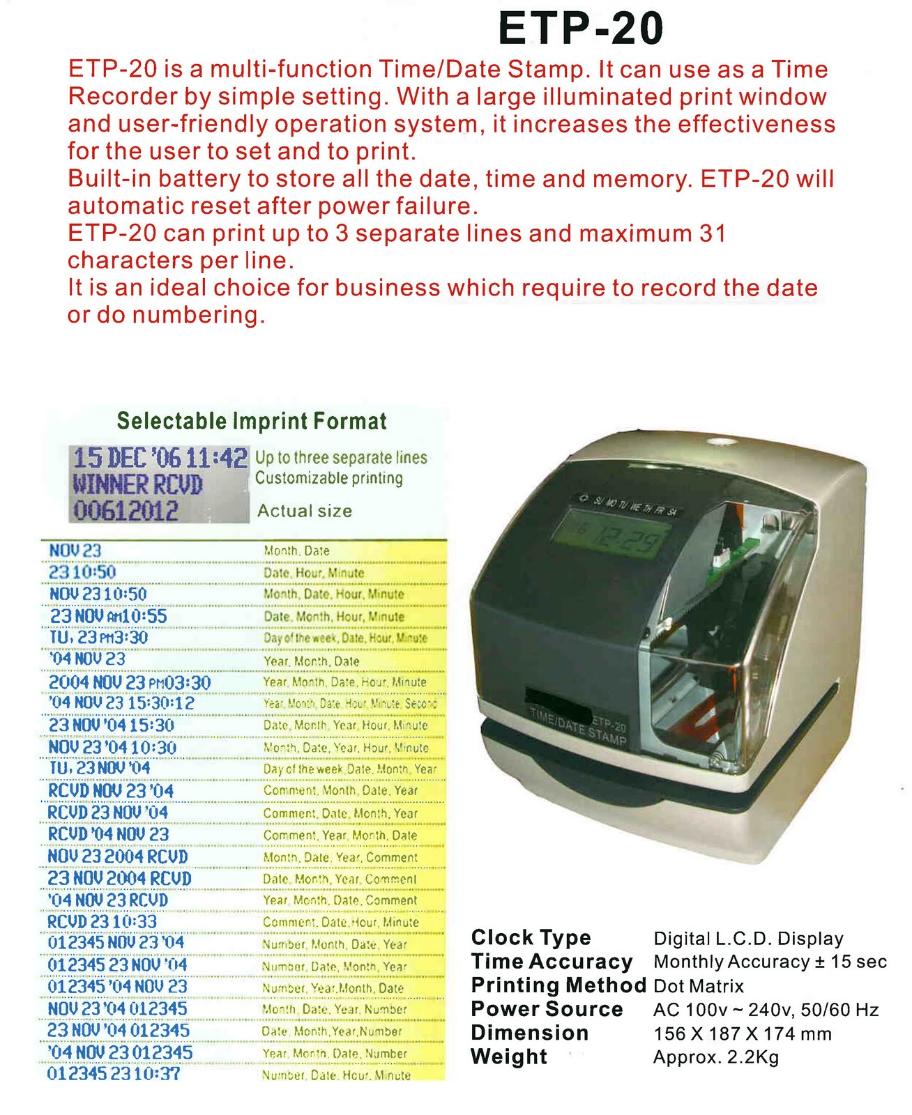 HW Office Automation DATE TIME PRINTER