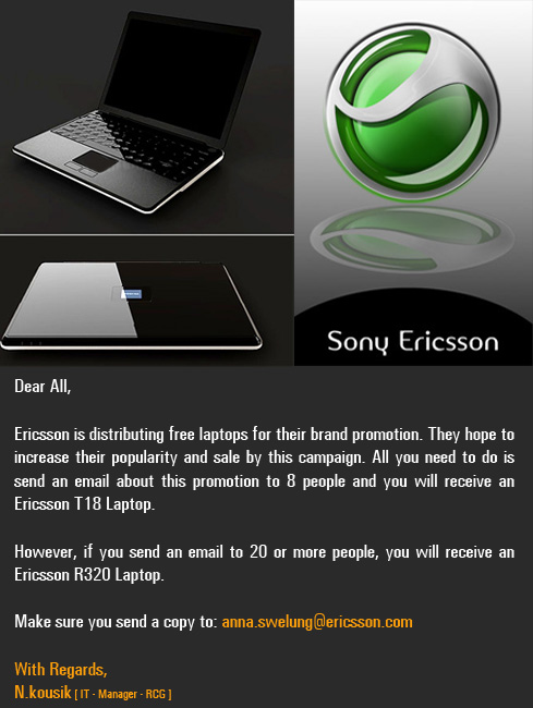 Sony Ericssons Free Laptop Email Promotion....A HOAX 