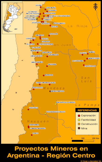 Mapa de proyectos mineros en el centro de la cordillera.