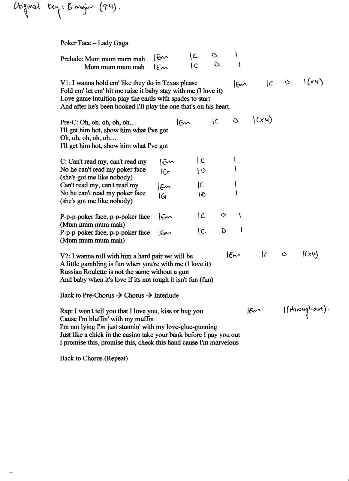 Chords to poker face
