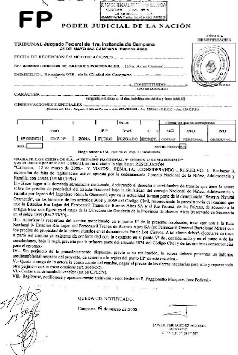 Sentencia 2008 Juez Faggionatto Marquez autoriza camino desde Río Luján.