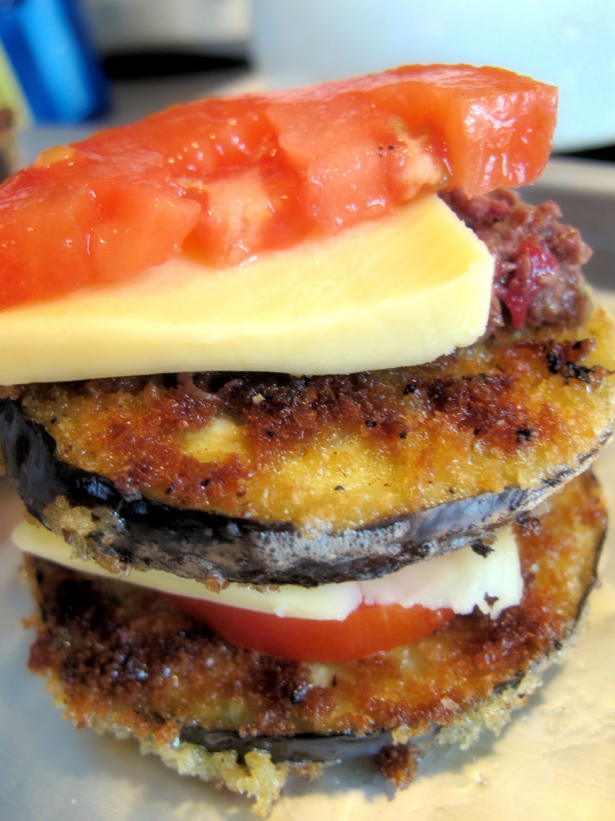 Cheese us, Christ! panko crusted eggplant stacks with red wax gouda