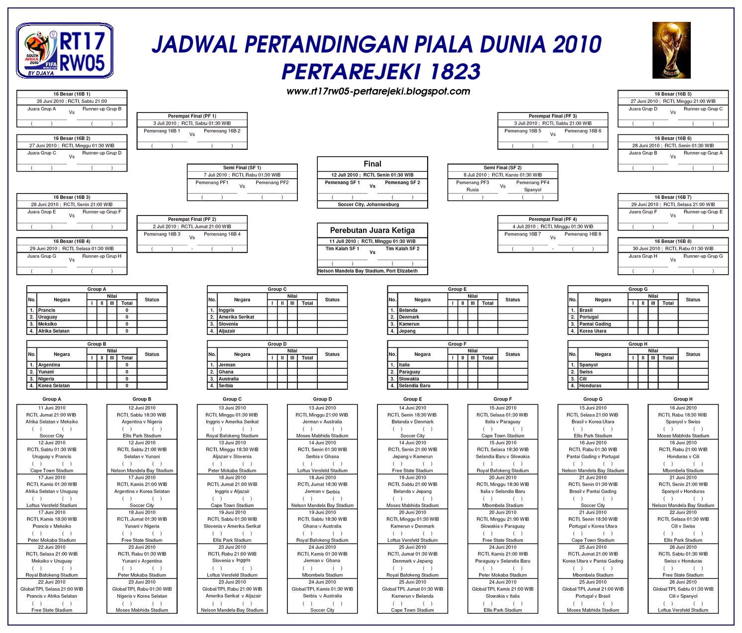 Kepengurusan RT17 RW05 Pertarejeki: Jadwal Piala Dunia 2010