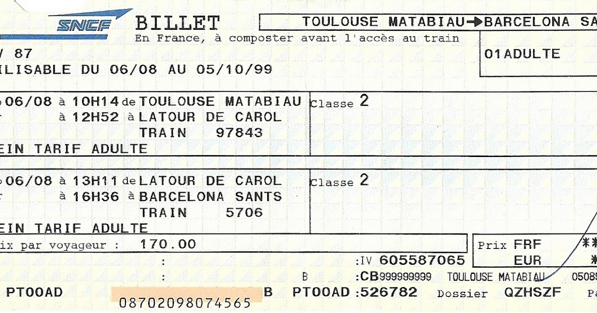 The traveler's drawer SNCF. Billet de Toulouse à Barcelone via Latour
