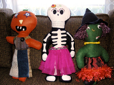 Halloween wool felt dolls, pumpkin head, skeleton doll, witch doll