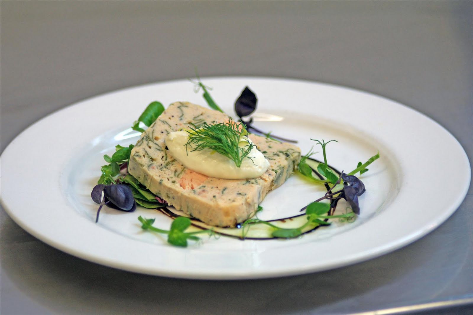 Mise en place Salmon and spinach terrine, lime & dill creme fraiche