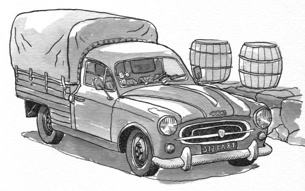  thought this drawing of a Peugeot pickup stationed near two winebarrels 