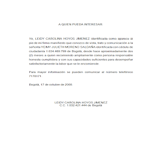 carta de referencia de trabajo