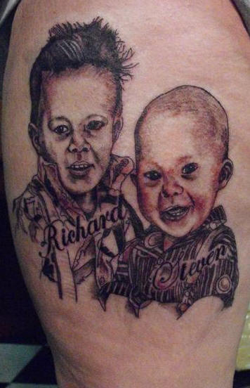 Tattoo portrait of two kids with names.