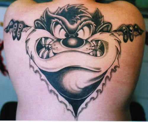 Large Taz tattoo on back. Large Taz tattoo on back.