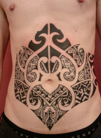 tribal and purple flowers navel tattoo. Stomach Tattoos