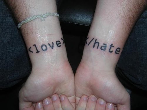 Love and Hate code wrist tattoos