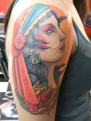 Gypsy Tattoo Style-3 Beautiful gypsy head tattoo with flowers and sun. Gypsy Tattoo Style-3 Beautiful gypsy head tattoo with flowers and sun.