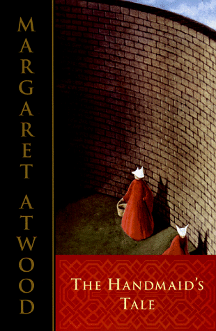 book cover of the handmaid's tale. illustration of a large brick wall with a woman in a red cape and white hat walking alongside it. 
