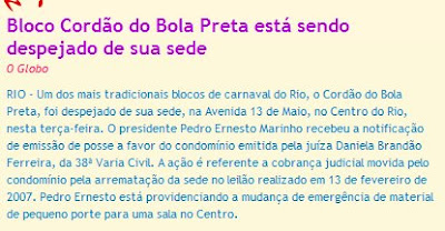 nota publicada no GLOBO ON LINE de 22 de janeiro de 2008