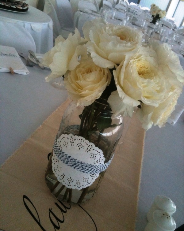 Jane 39s wedding centerpiece vintage jar adored with lace paper doily and Jane 39s wedding centerpiece vintage jar adored with lace paper doily and