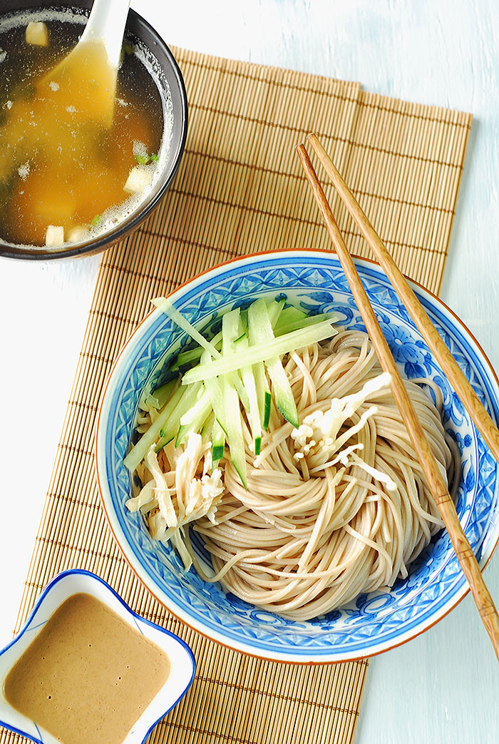 When East meets West Sesame cold soba noodle and miso soup