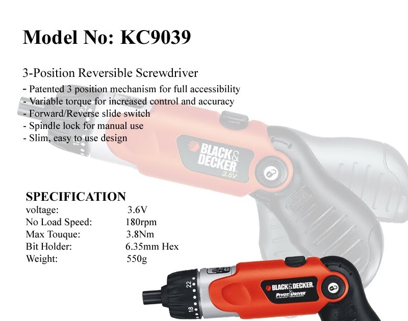BLACK & DECKER KC9039 3-Position Cordless Screwdriver 3.6V With