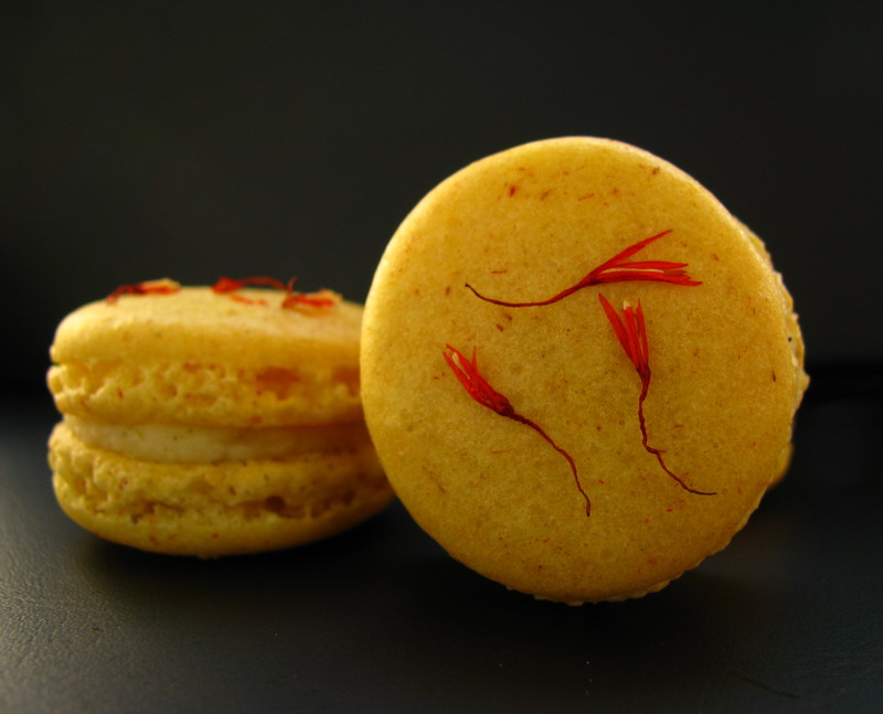 mushitza Safflower Macarons with Lime Kukicha White Chocolate Cream