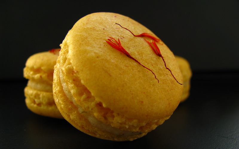 mushitza Safflower Macarons with Lime Kukicha White Chocolate Cream