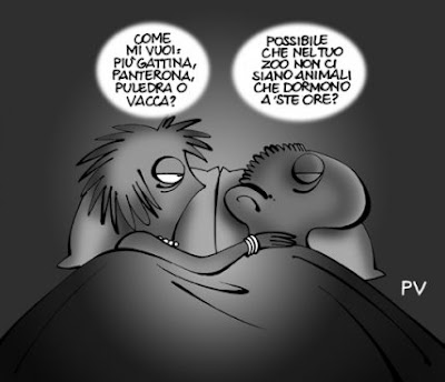 Vignetta:Lei e lui a letto. Lei dice: come mi vuoi? Più gattina, panterona, puledra o vacca? E lui: possibile che nel tuo zoo non ci siano animali che dormono a ste ore?