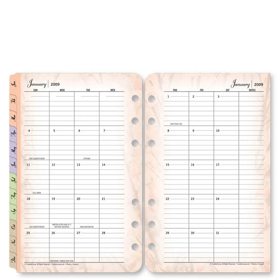 Franklin Covey Compact Blooms TwoPage Monthly Calendar Tabs