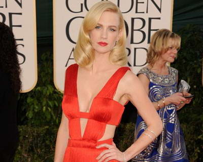January Jones in Hot Red Versace Gown at 2011 Golden Globe Awards