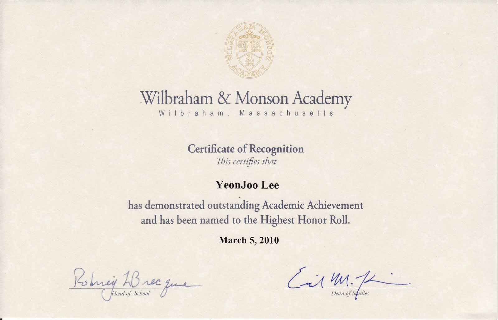 academic achievement certificates