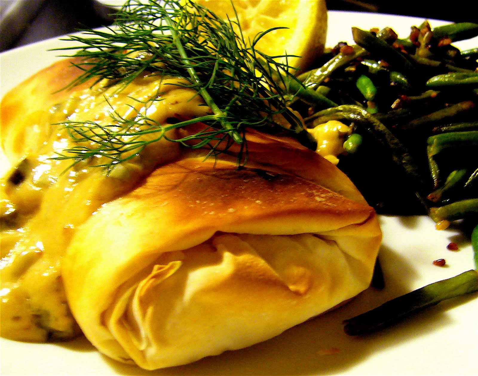 Bon Chappétit phyllowrapped halibut w/ lemon scallion sauce