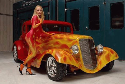 Woman Airbrush Body Painting With Classic Car