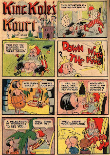 A medieval king and a naked cartoon man wearing a barrel are shown in this comic book page from the golden age, drawn by artist Jack Cole.