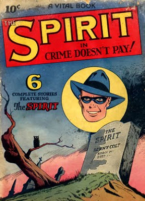 Cartoon graveyard and drawing of a tombstone, a dead tree, and an owl are shown in the cover of The Spirit 2, a rare old comic book from the 1940s