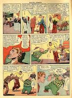 Plastic Man's fre4ind and sidekick, Woozy Winks wears a green blouse with polka dots and fights criminals in this vintage golden age comic book cartoon page by artist Alex Kotzky.