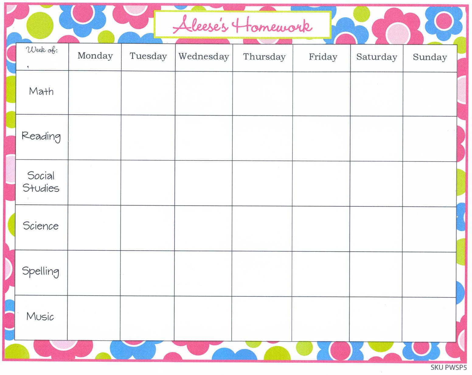 Kids homework chart | list assignments for week | kid pointz