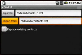 Интерфейс vCardio - программы для импорта vCard (визитных карточек) в Android-смартфоны